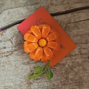 Orange Flower Brooch with Green Leaves